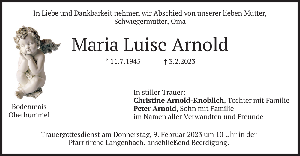  Traueranzeige für Maria Luise Arnold vom 06.02.2023 aus merkurtz