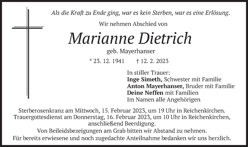  Traueranzeige für Marianne Dietrich vom 14.02.2023 aus merkurtz