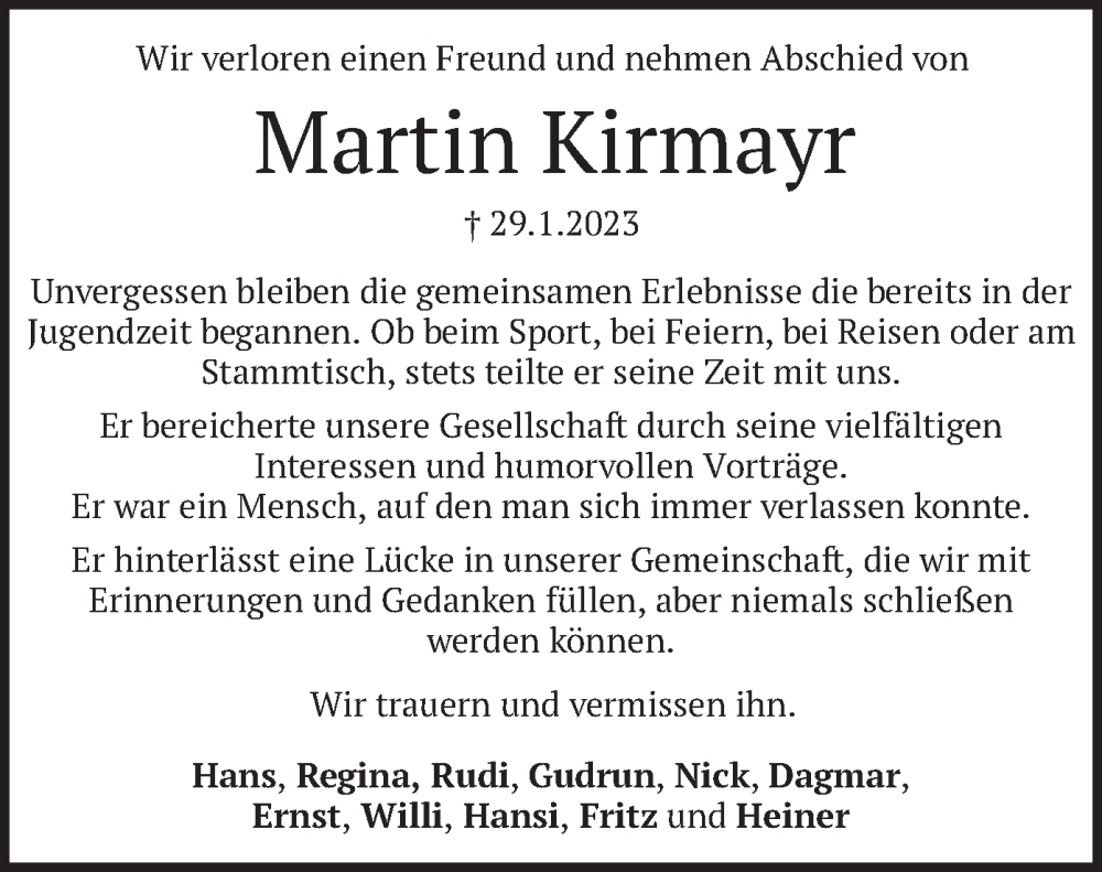  Traueranzeige für Martin Kirmayr vom 03.02.2023 aus merkurtz