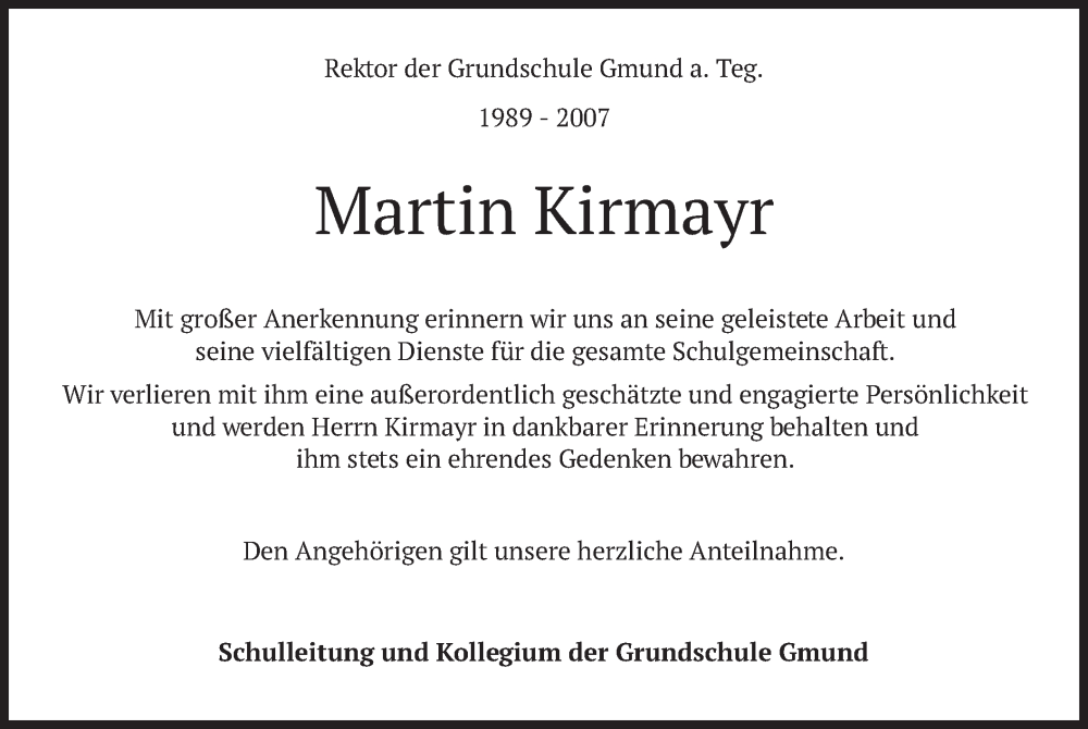  Traueranzeige für Martin Kirmayr vom 03.02.2023 aus merkurtz