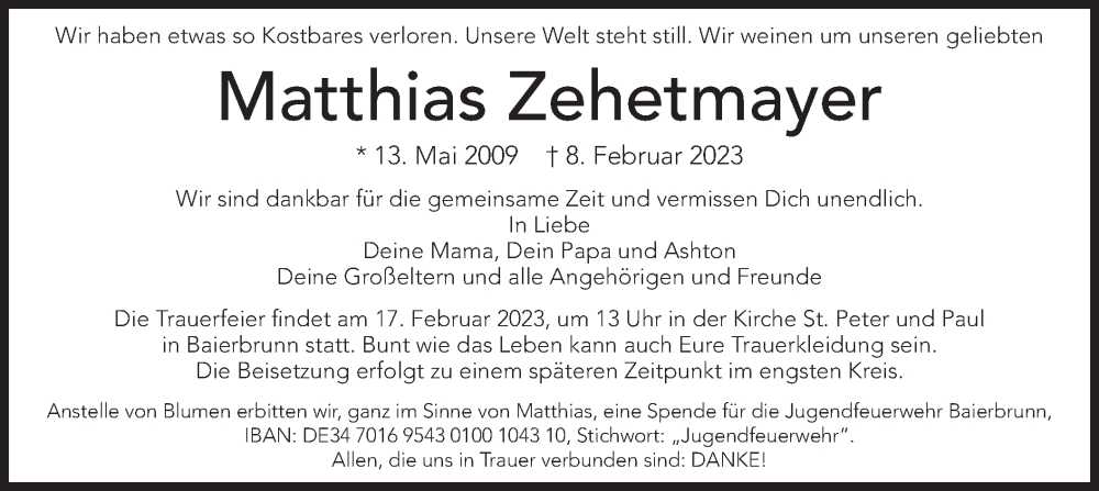  Traueranzeige für Matthias Zehetmayer vom 15.02.2023 aus merkurtz