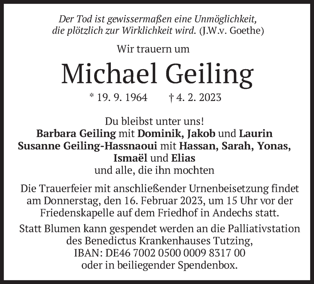  Traueranzeige für Michael Geiling vom 11.02.2023 aus merkurtz