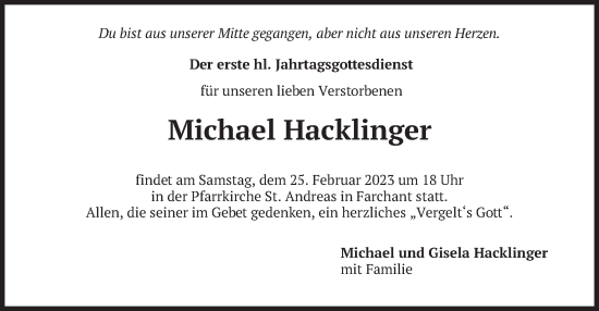 Traueranzeige von Michael Hacklinger von merkurtz