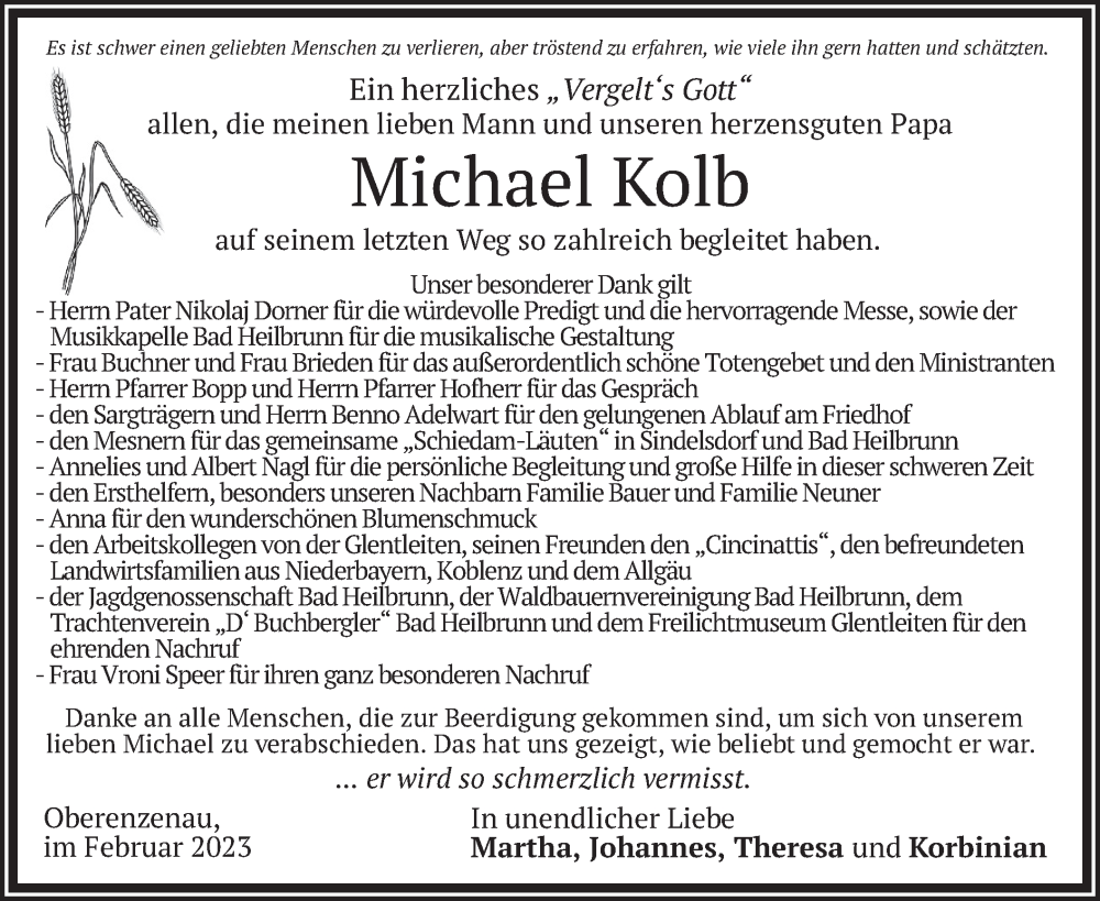  Traueranzeige für Michael Kolb vom 25.02.2023 aus merkurtz