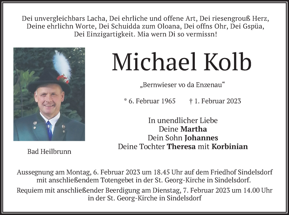  Traueranzeige für Michael Kolb vom 04.02.2023 aus merkurtz