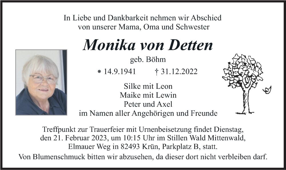  Traueranzeige für Monika von Detten vom 17.02.2023 aus merkurtz