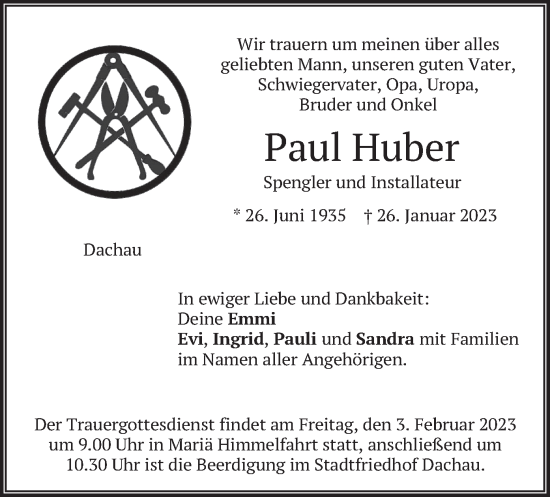 Traueranzeige von Paul Huber von merkurtz