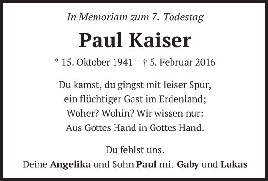 Traueranzeige von Paul Kaiser von merkurtz
