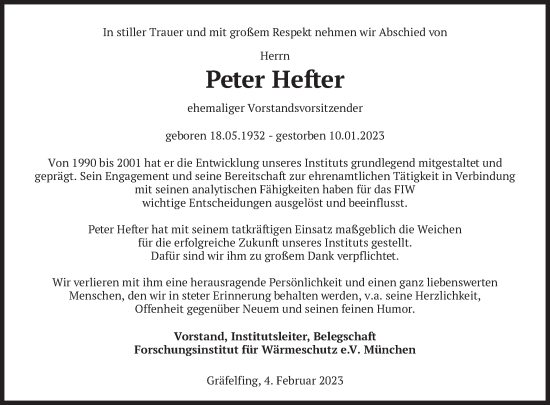 Traueranzeige von Peter Hefter von merkurtz