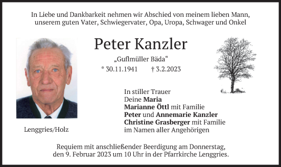 Traueranzeige von Peter Kanzler von merkurtz