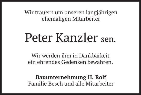 Traueranzeige von Peter Kanzler von merkurtz