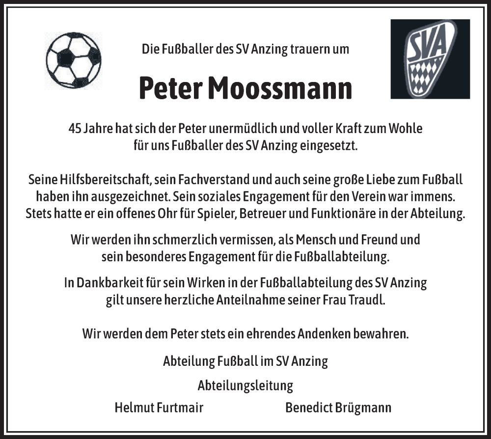  Traueranzeige für Peter Moossmann vom 11.02.2023 aus merkurtz