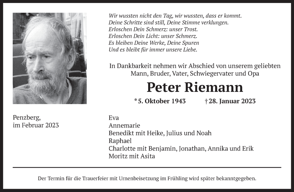  Traueranzeige für Peter Riemann vom 03.02.2023 aus Das Gelbe Blatt Penzberg