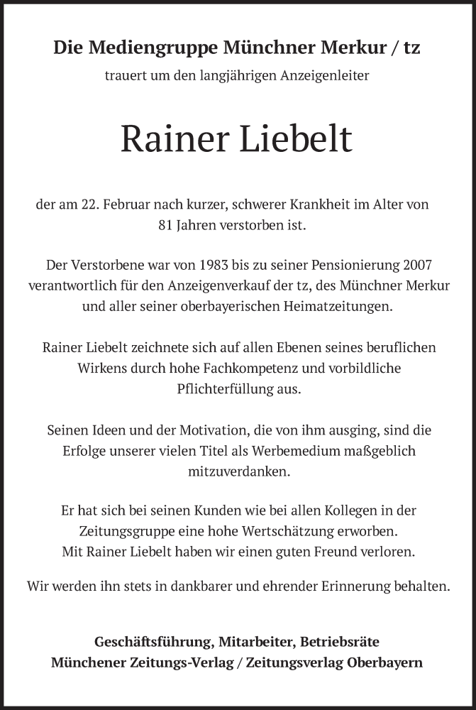  Traueranzeige für Rainer Liebelt vom 25.02.2023 aus merkurtz