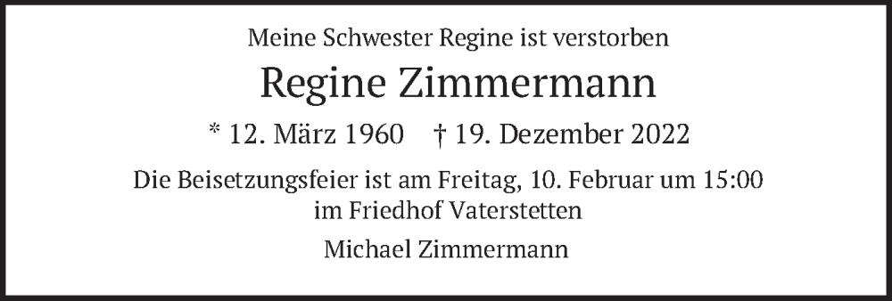  Traueranzeige für Regine Zimmermann vom 07.02.2023 aus merkurtz