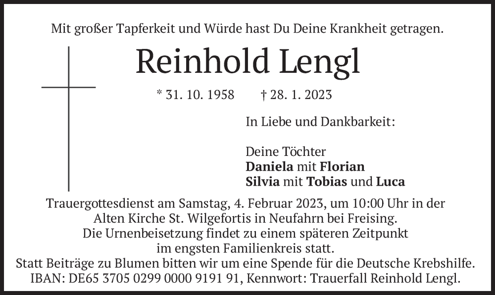  Traueranzeige für Reinhold Lengl vom 01.02.2023 aus merkurtz