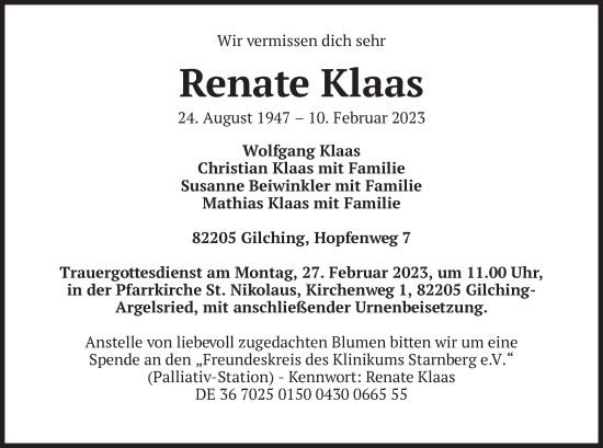Traueranzeige von Renate Klaas von merkurtz