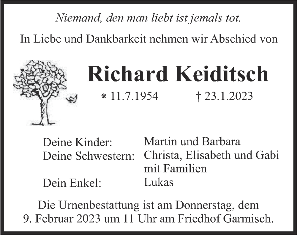  Traueranzeige für Richard Keiditsch vom 04.02.2023 aus merkurtz