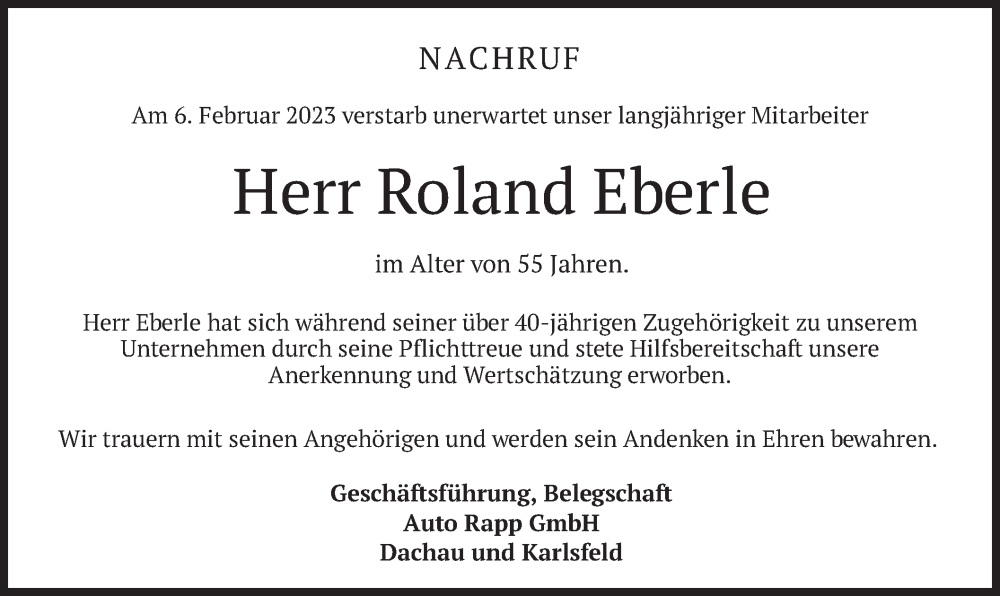  Traueranzeige für Roland Eberle vom 10.02.2023 aus merkurtz