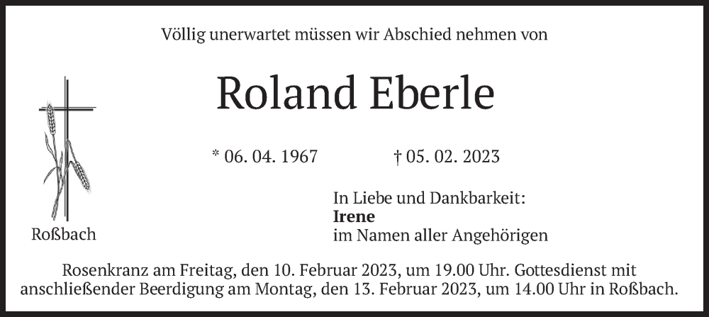  Traueranzeige für Roland Eberle vom 10.02.2023 aus merkurtz