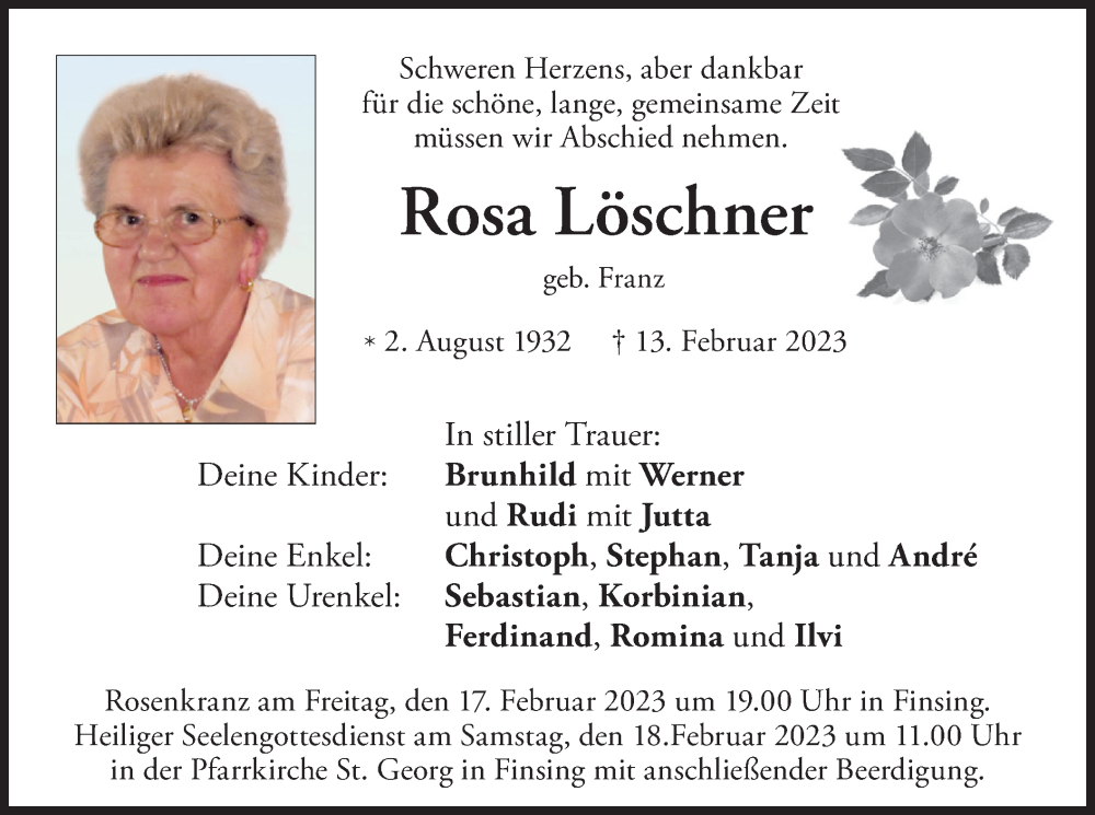  Traueranzeige für Rosa Löschner vom 15.02.2023 aus merkurtz