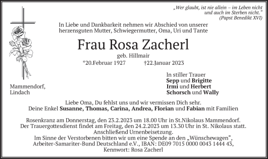 Traueranzeige von Rosa Zacherl von merkurtz