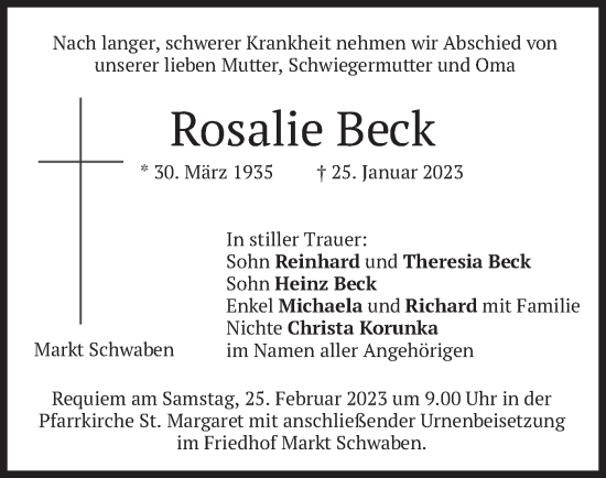 Traueranzeige von Rosalie Beck von merkurtz