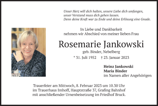 Traueranzeige von Rosemarie Jankowski von merkurtz