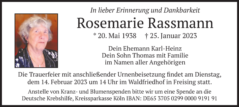  Traueranzeige für Rosemarie Rassmann vom 11.02.2023 aus merkurtz