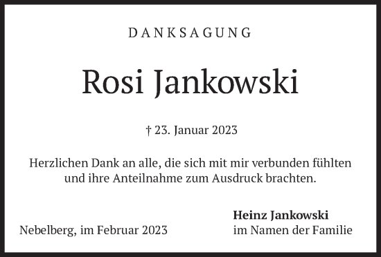 Traueranzeige von Rosi Jankowski von merkurtz