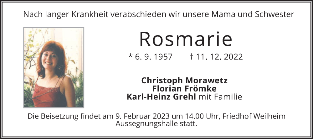  Traueranzeige für Rosmarie Baier-Frömke vom 04.02.2023 aus merkurtz