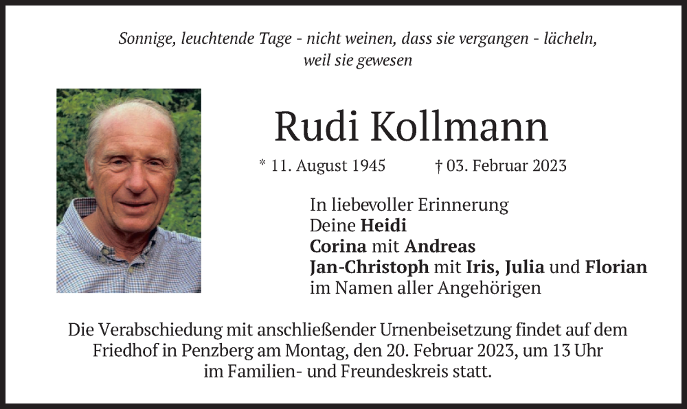  Traueranzeige für Rudi Kollmann vom 11.02.2023 aus merkurtz