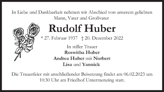 Traueranzeige von Rudolf Huber von merkurtz