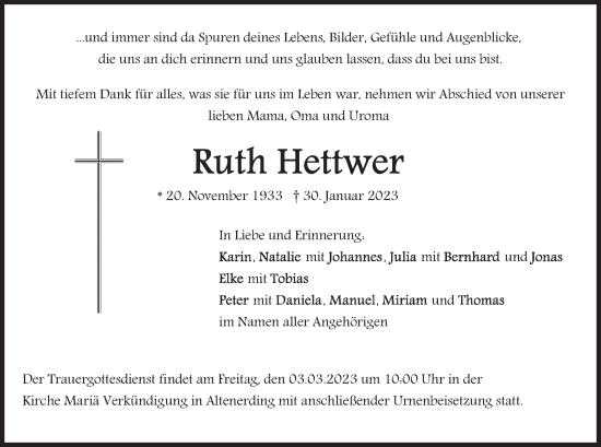 Traueranzeige von Ruth Hettwer von merkurtz