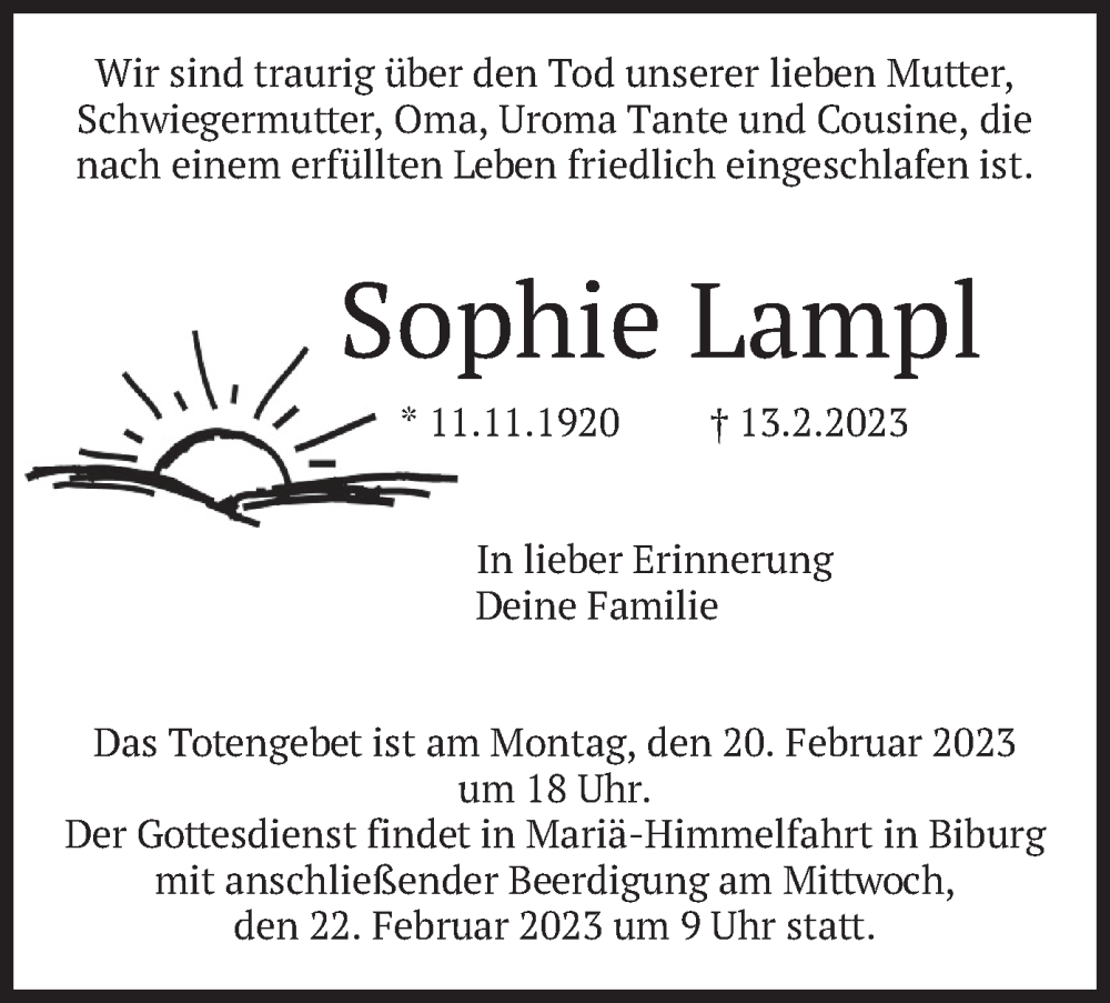 Traueranzeigen von Sophie Lampl | trauer.merkur.de