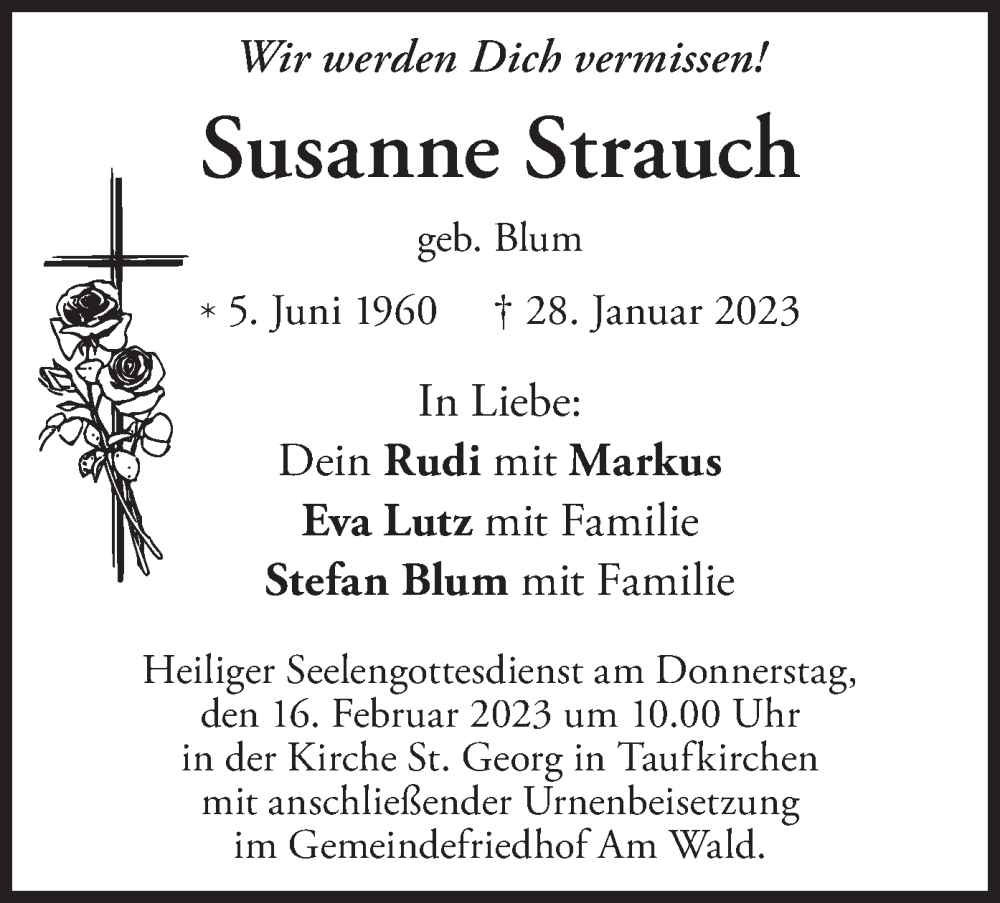  Traueranzeige für Susanne Strauch vom 11.02.2023 aus merkurtz