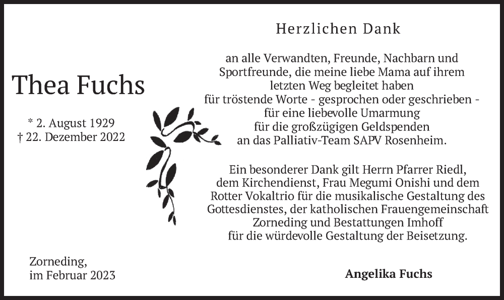 Traueranzeige für Thea Fuchs vom 04.02.2023 aus merkurtz