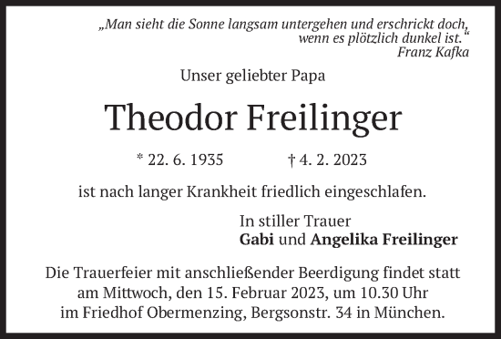 Traueranzeige von Theodor Freilinger von merkurtz