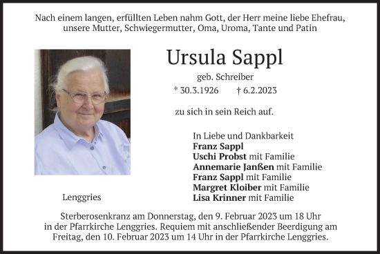 Traueranzeige von Ursula Sappl von merkurtz