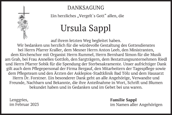 Traueranzeige von Ursula Sappl von merkurtz