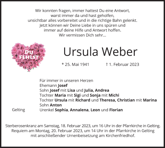 Traueranzeige von Ursula Weber von merkurtz