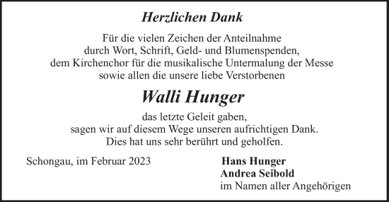 Traueranzeige von Walli Hunger von merkurtz