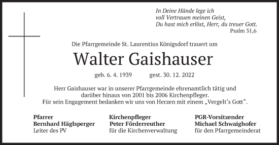 Traueranzeige von Walter Gaishauser von merkurtz