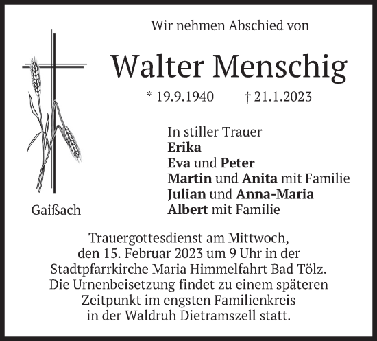 Traueranzeige von Walter Menschig von merkurtz