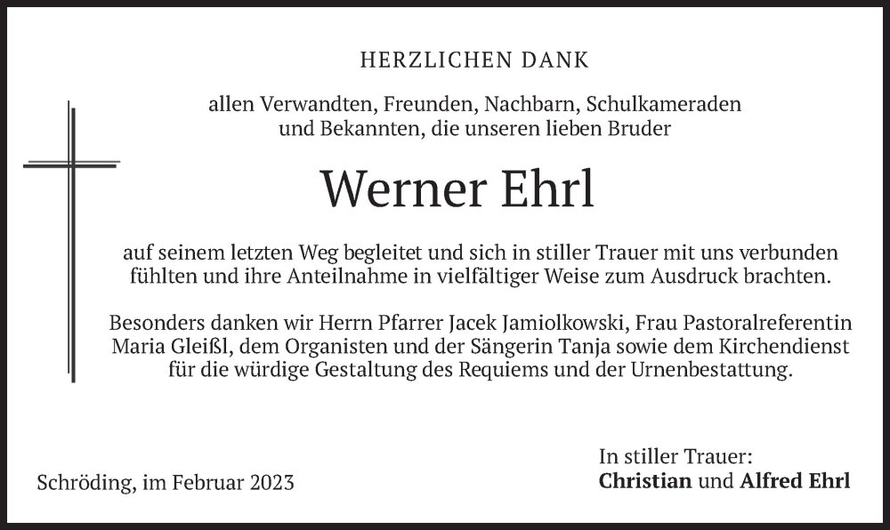  Traueranzeige für Werner Ehrl vom 17.02.2023 aus merkurtz