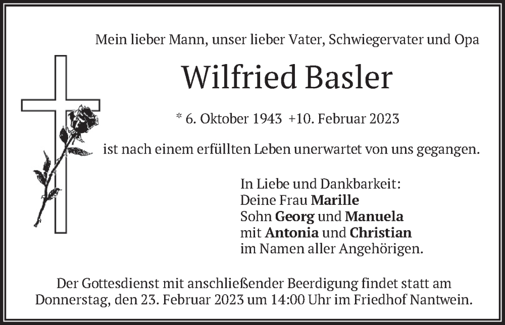  Traueranzeige für Wilfried Basler vom 21.02.2023 aus merkurtz
