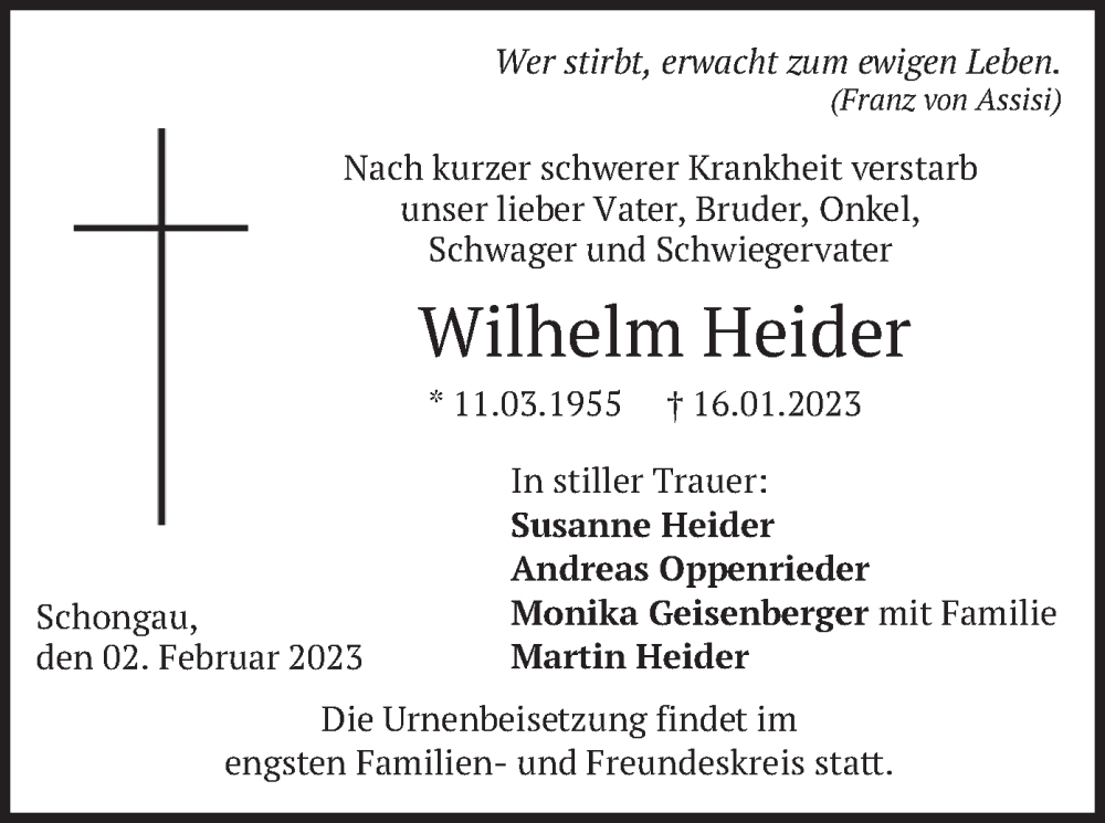  Traueranzeige für Wilhelm Heider vom 04.02.2023 aus merkurtz