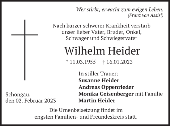 Traueranzeige von Wilhelm Heider von merkurtz