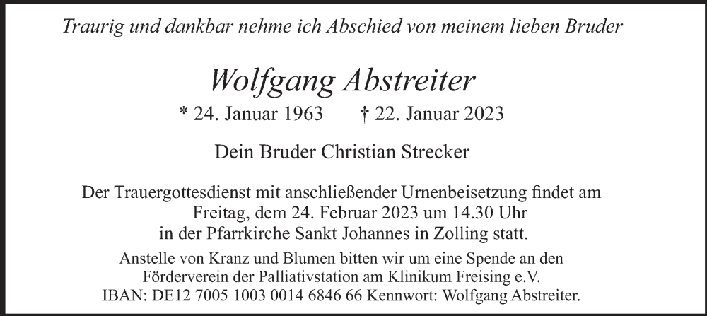  Traueranzeige für Wolfgang Abstreiter vom 18.02.2023 aus merkurtz
