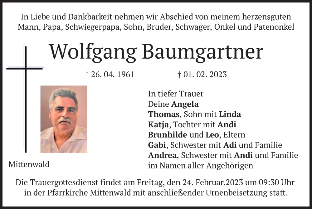  Traueranzeige für Wolfgang Baumgartner vom 18.02.2023 aus merkurtz